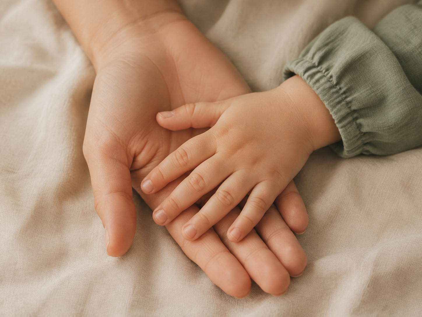 Manos de un niño apoyadas sobre las manos de una persona adulta